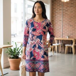 JEAN-PIERRE KLIFA Daphne Sheath Dress Size Small Pink Blue Floral Paisley